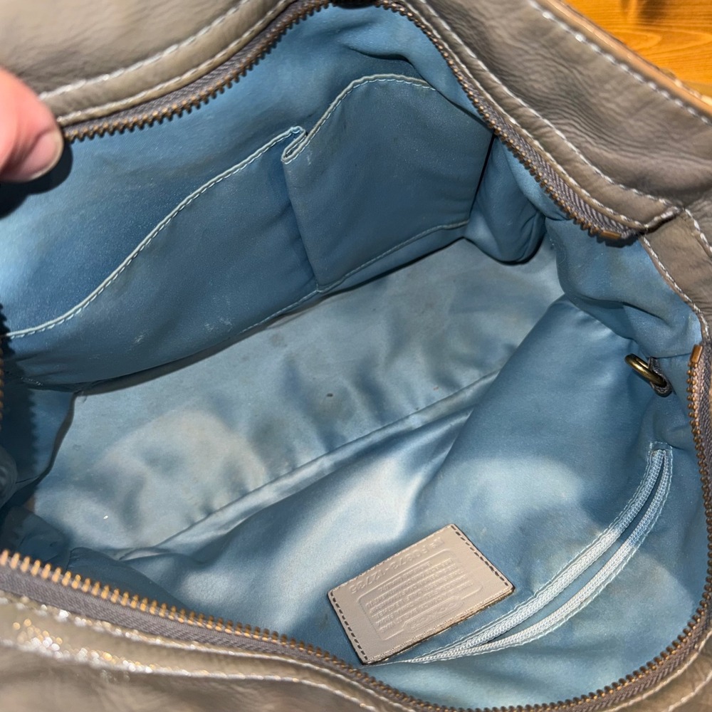 Coach Zoe 12735 Gray Patent Leather Shoulder Bag Brass Hardware Large Hobo Purse - Picture 10 of 12